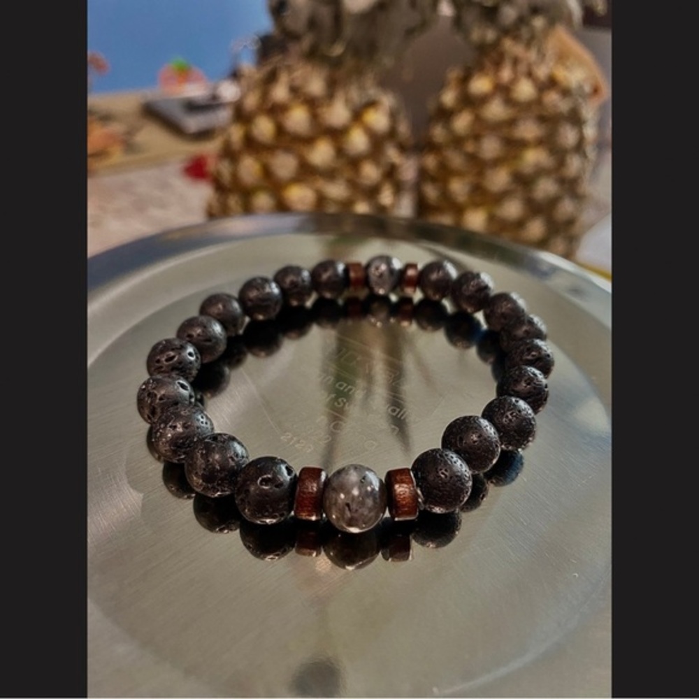 LAVA STONE BRACELET | Beaded Gray Black Quartz Wood | Men’s OS